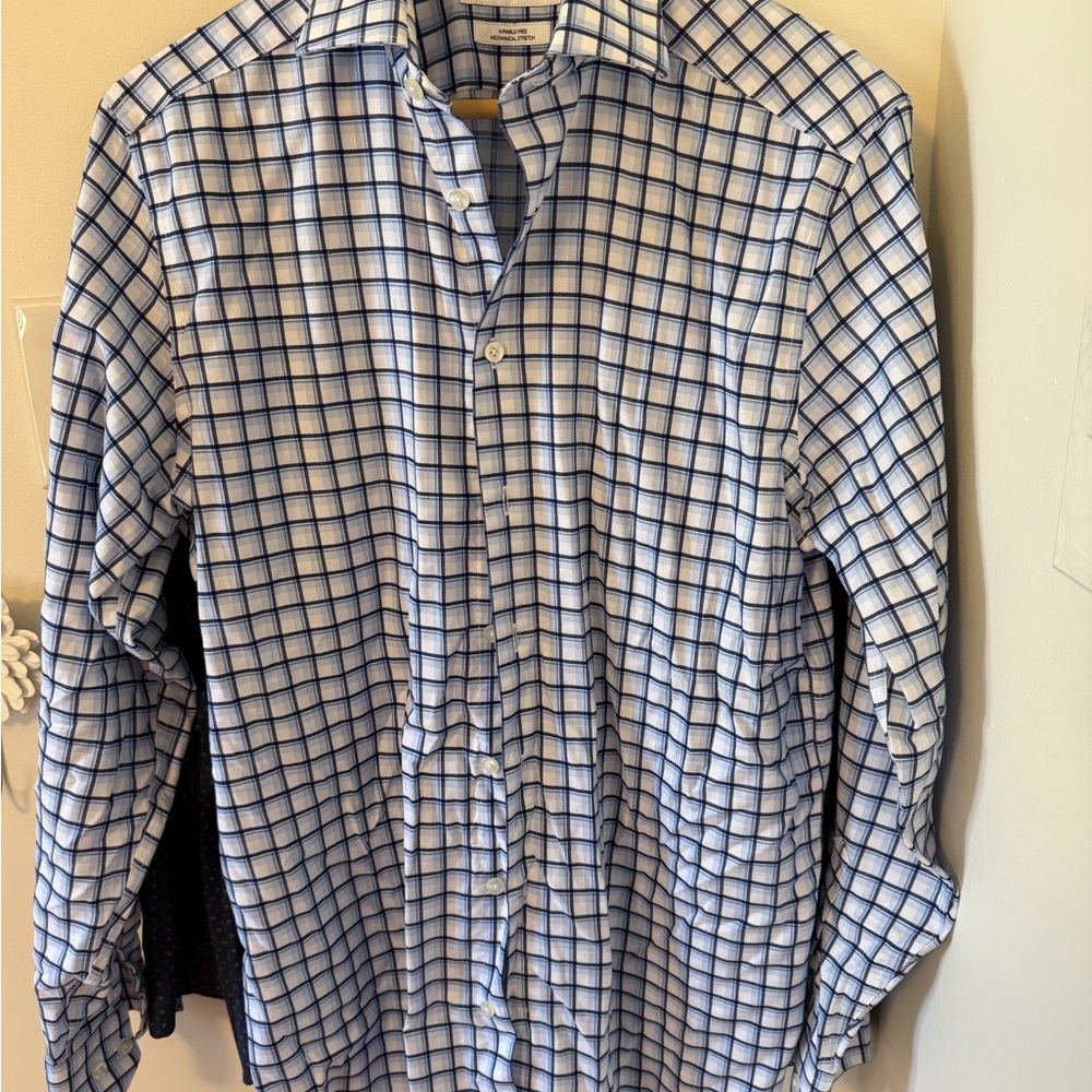 Men's Blue & White Windowpane Dress Shirt - Classic Collar